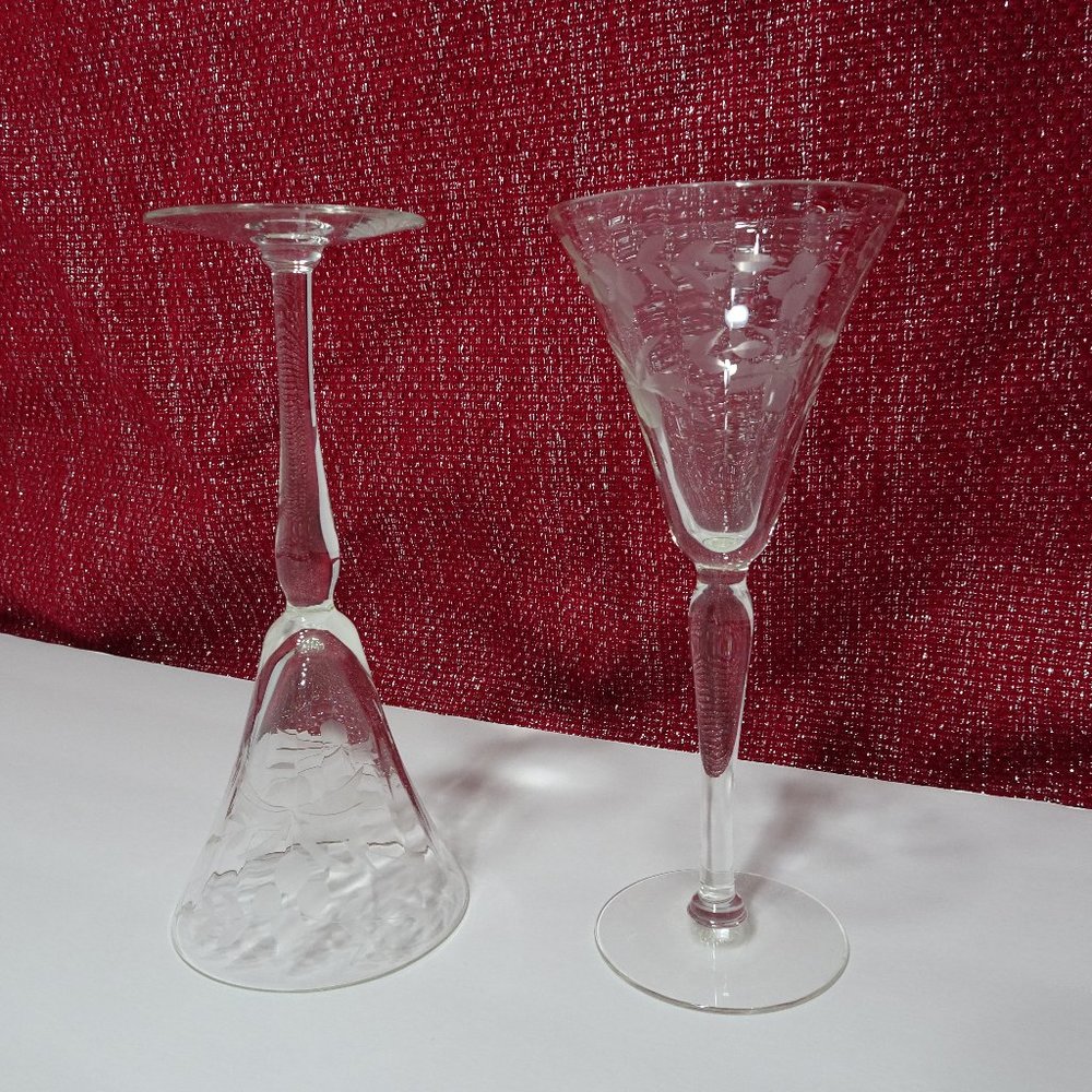 Floral Etched Crystal Wine Glasses Set of 2